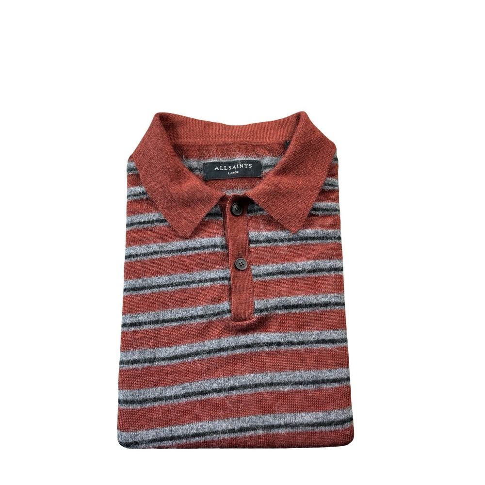 Allsaints Orange Gray Striped Wool Yak S/S Polo Shirt Size Large